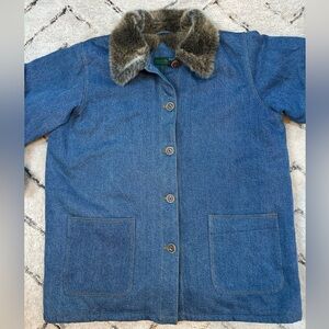 RARE Vintage Hunters Run 90s Denim Chore Coat Rancher Jacket Faux Fur
